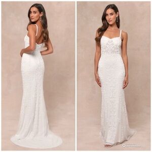 Lulus XS Momentous Love White Beaded Bustier Mesh Mermaid Wedding Dress NWT